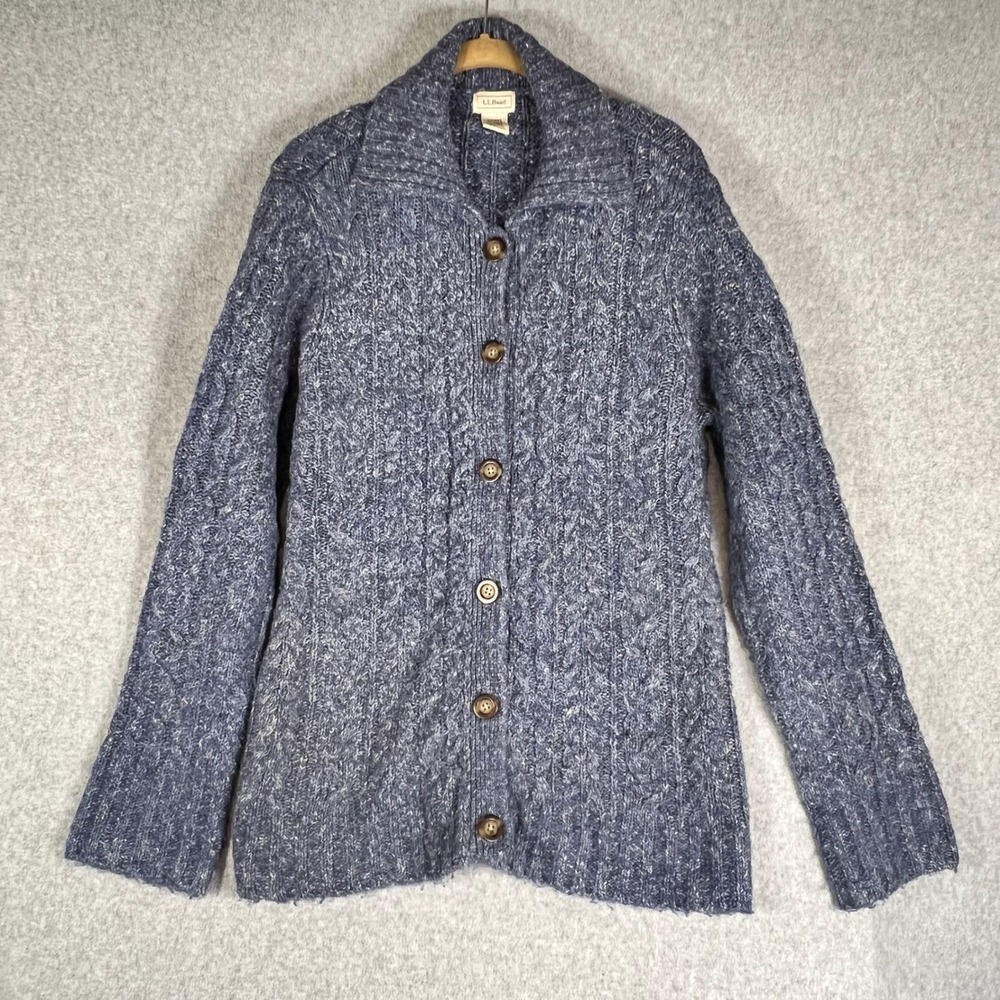 LL Bean Womens Med Blue Marled Cable Knit Wool Blend Cardigan Sweater Grannycore